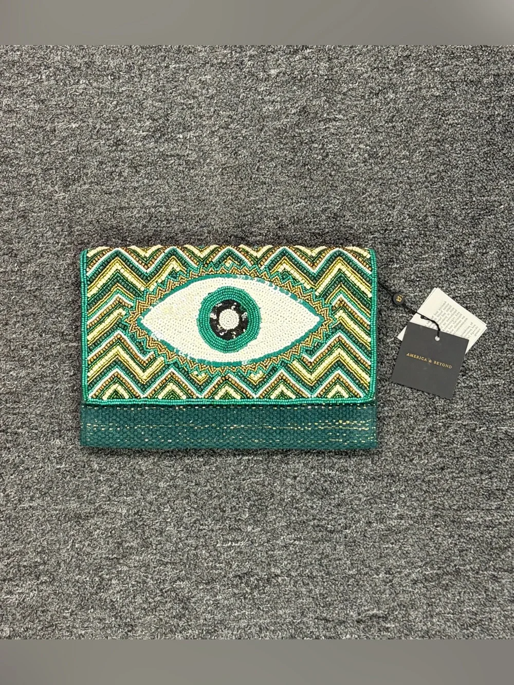 America & Beyond Beaded Evil Eye Clutch w/ Crossbody Strap- Green